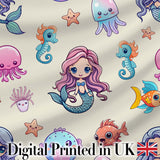 Cute Cartoon Mermaid with Sea Creatures on Light Background Kids Design Digital Print Fabric by the Metre UK Sewing Quilting Textile