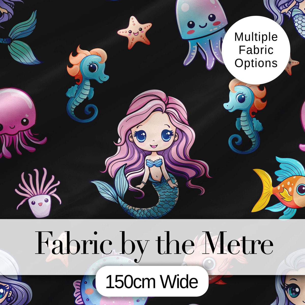 Cute Cartoon Mermaid with Sea Creatures on Black Background Kids Design Digital Print Fabric by the Metre UK Sewing Quilting Textile