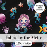 Cute Cartoon Mermaid with Sea Creatures on Black Background Kids Design Digital Print Fabric by the Metre UK Sewing Quilting Textile