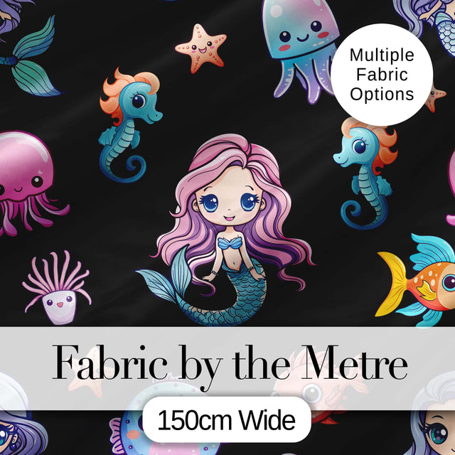 Cute Cartoon Mermaid with Sea Creatures on Black Background Kids Design Digital Print Fabric by the Metre UK Sewing Quilting Textile