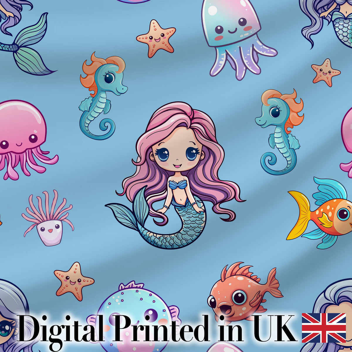 Cute Cartoon Mermaid with Sea Creatures on Blue Background Kids Design Digital Print Fabric by the Metre UK Sewing Quilting Textile
