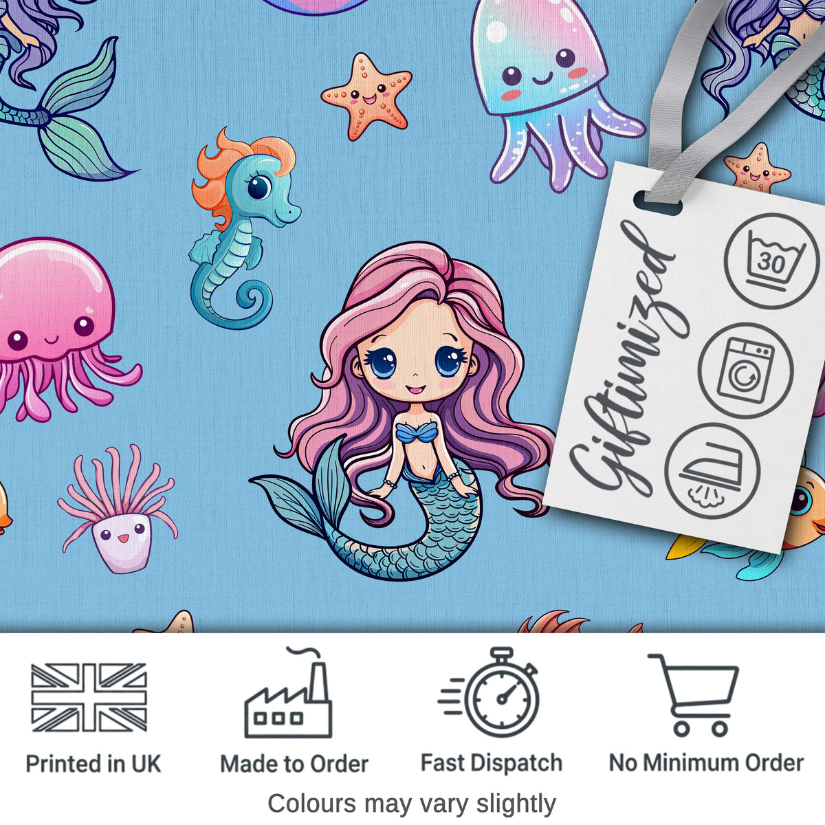 Cute Cartoon Mermaid with Sea Creatures on Blue Background Kids Design Digital Print Fabric by the Metre UK Sewing Quilting Textile