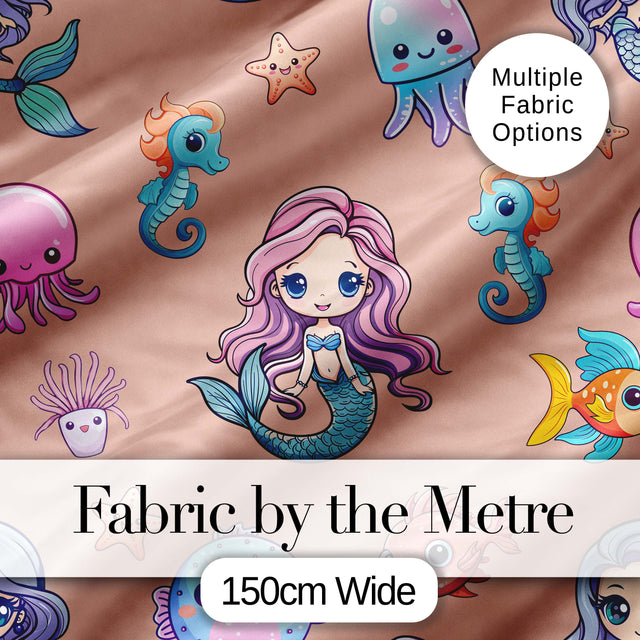 Cute Cartoon Mermaid with Sea Creatures on Peach Background Kids Design Digital Print Fabric by the Metre UK Sewing Quilting Textile