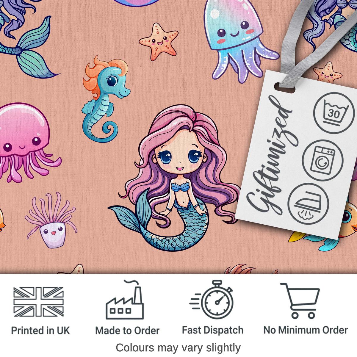 Cute Cartoon Mermaid with Sea Creatures on Peach Background Kids Design Digital Print Fabric by the Metre UK Sewing Quilting Textile