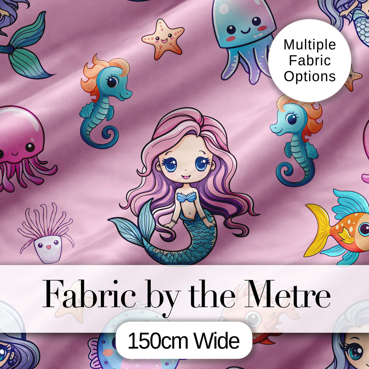 Cute Cartoon Mermaid with Sea Creatures on Pink Background Playful Design Digital Print Fabric by the Metre UK Sewing Quilting Textile