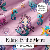 Cute Cartoon Mermaid with Sea Creatures on Pink Background Playful Design Digital Print Fabric by the Metre UK Sewing Quilting Textile