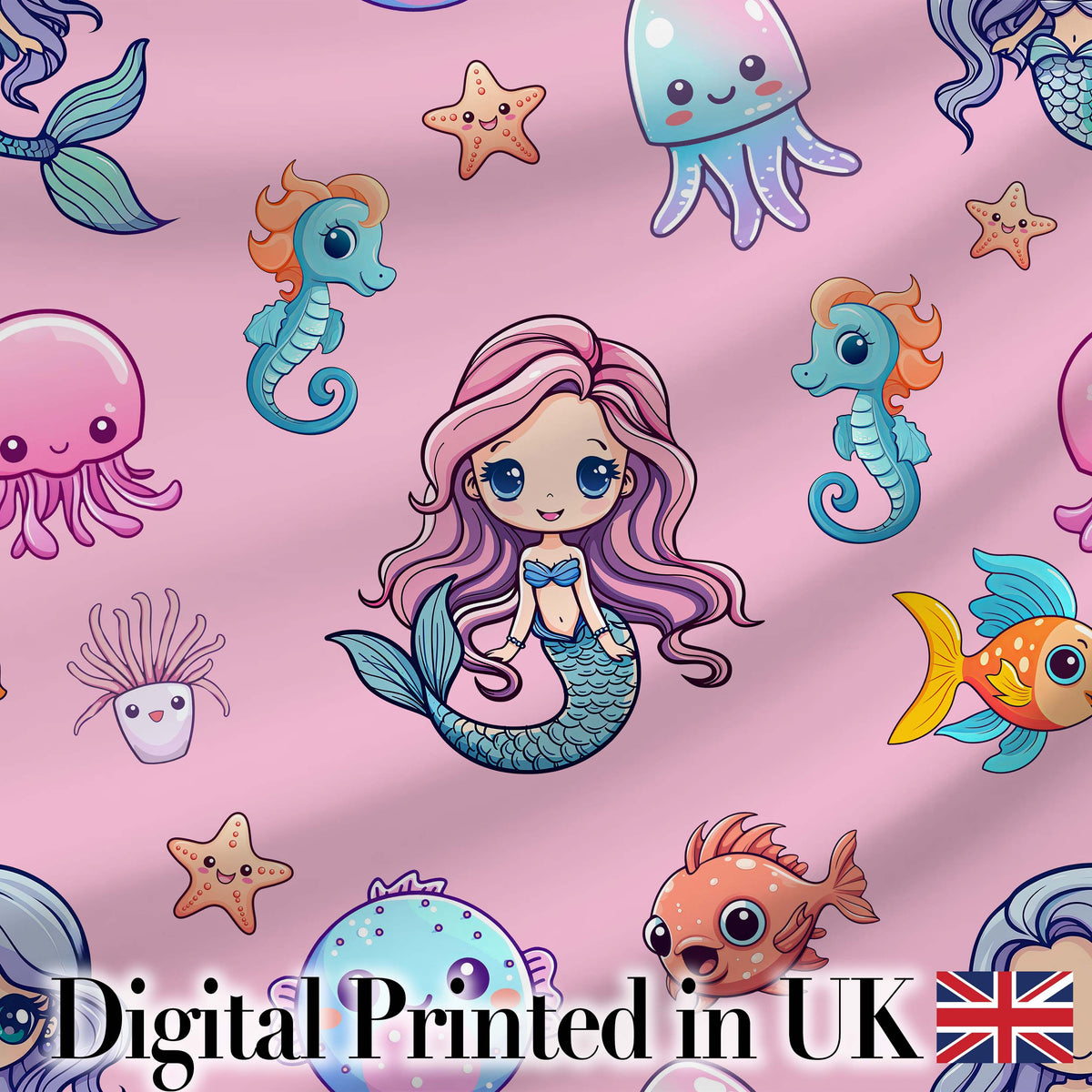Cute Cartoon Mermaid with Sea Creatures on Pink Background Playful Design Digital Print Fabric by the Metre UK Sewing Quilting Textile