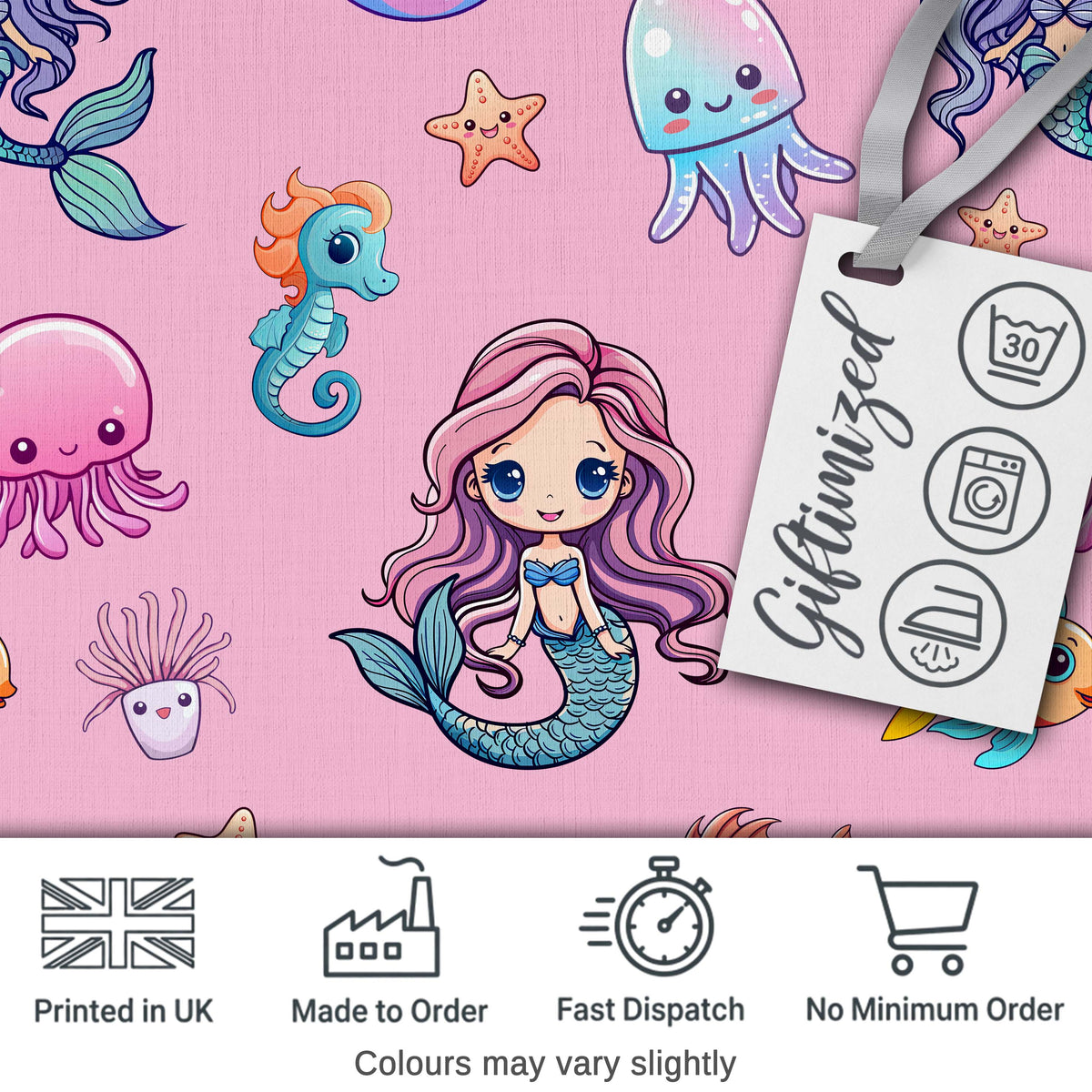 Cute Cartoon Mermaid with Sea Creatures on Pink Background Playful Design Digital Print Fabric by the Metre UK Sewing Quilting Textile