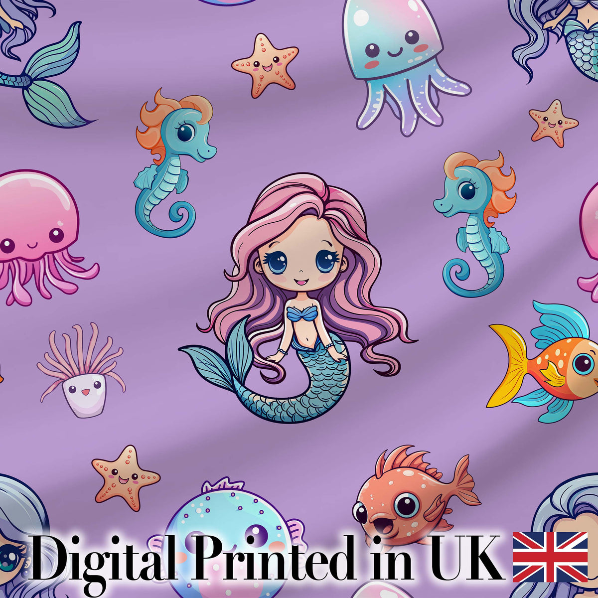 Cute Cartoon Mermaid with Sea Creatures on Purple Background Playful Design Digital Print Fabric by the Metre UK Sewing Quilting Textile