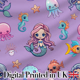 Cute Cartoon Mermaid with Sea Creatures on Purple Background Playful Design Digital Print Fabric by the Metre UK Sewing Quilting Textile