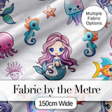 Cute Kawaii Mermaid and Sea Creatures Seamless Ocean Pattern on White Background Digital Print Fabric by the Metre UK Sewing Quilting Textile