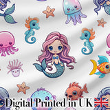 Cute Kawaii Mermaid and Sea Creatures Seamless Ocean Pattern on White Background Digital Print Fabric by the Metre UK Sewing Quilting Textile