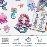 Cute Kawaii Mermaid and Sea Creatures Seamless Ocean Pattern on White Background Digital Print Fabric by the Metre UK Sewing Quilting Textile