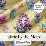 Kawaii Mermaid and Sea Creatures  Ocean  Warm Beige Background Digital Print Fabric by the Metre UK Sewing Quilting Textile