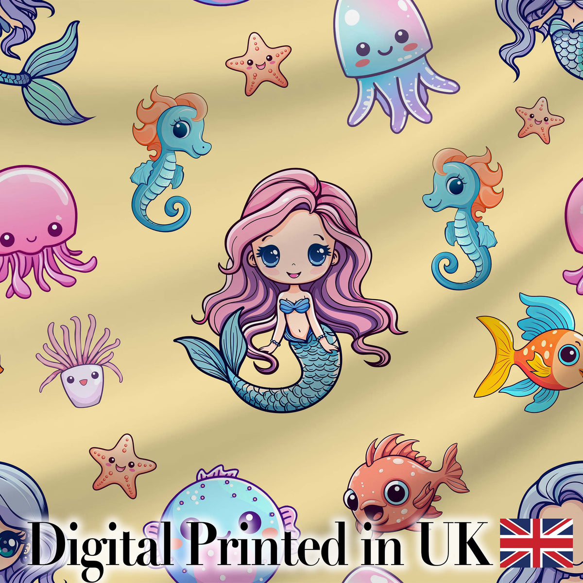 Kawaii Mermaid and Sea Creatures  Ocean  Warm Beige Background Digital Print Fabric by the Metre UK Sewing Quilting Textile