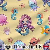 Kawaii Mermaid and Sea Creatures  Ocean  Warm Beige Background Digital Print Fabric by the Metre UK Sewing Quilting Textile