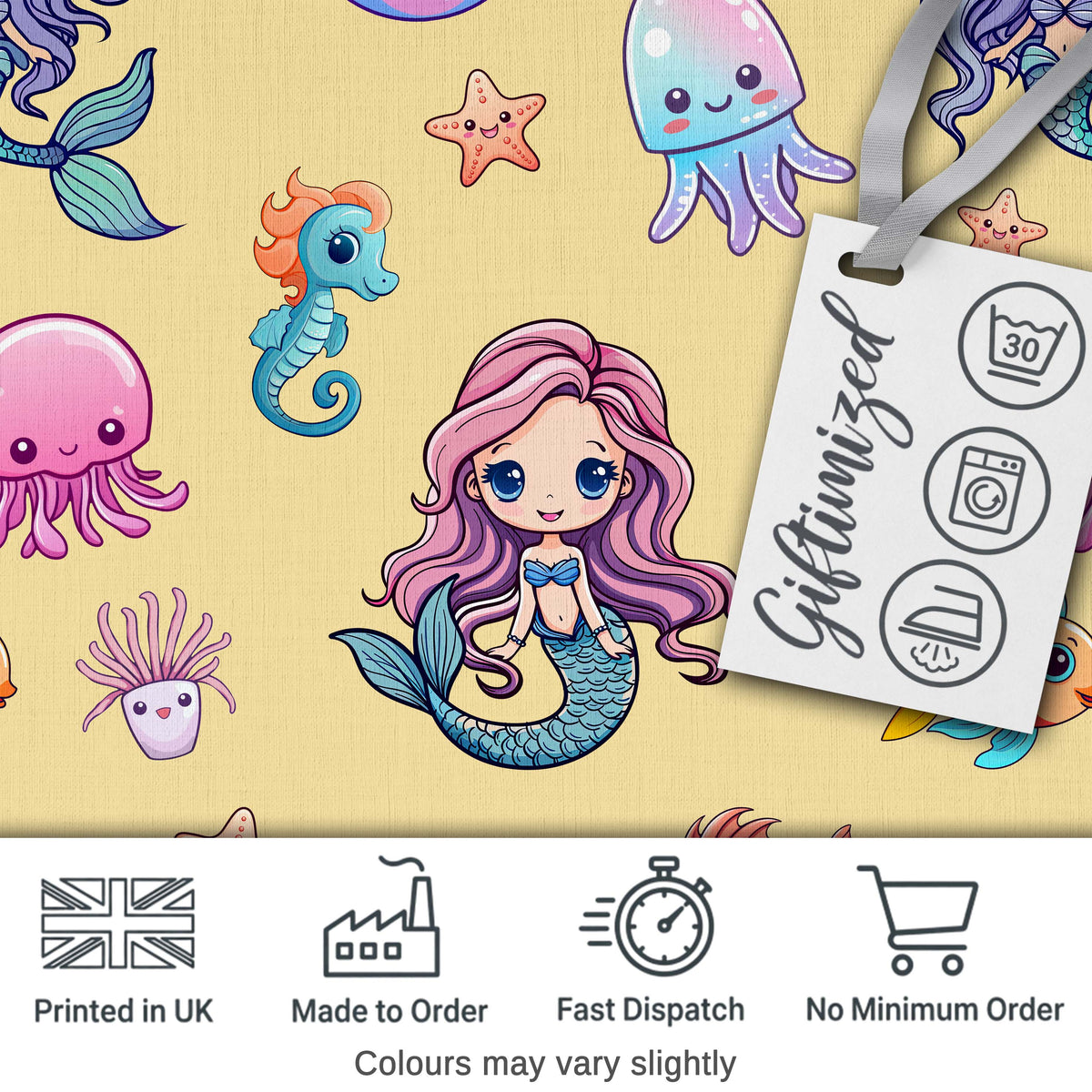 Kawaii Mermaid and Sea Creatures  Ocean  Warm Beige Background Digital Print Fabric by the Metre UK Sewing Quilting Textile