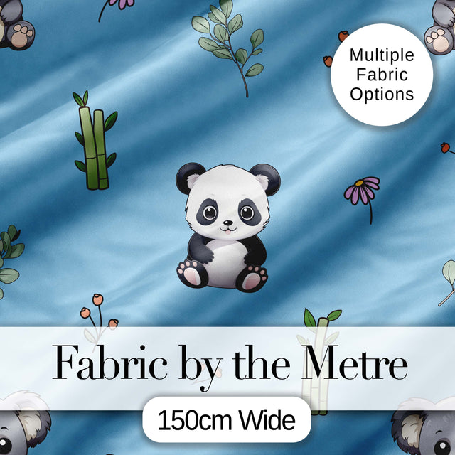 Cute Panda Bamboo and Floral Minimal Seamless Pattern on Sky Blue Background Digital Print Fabric by the Metre UK Sewing Quilting Textile