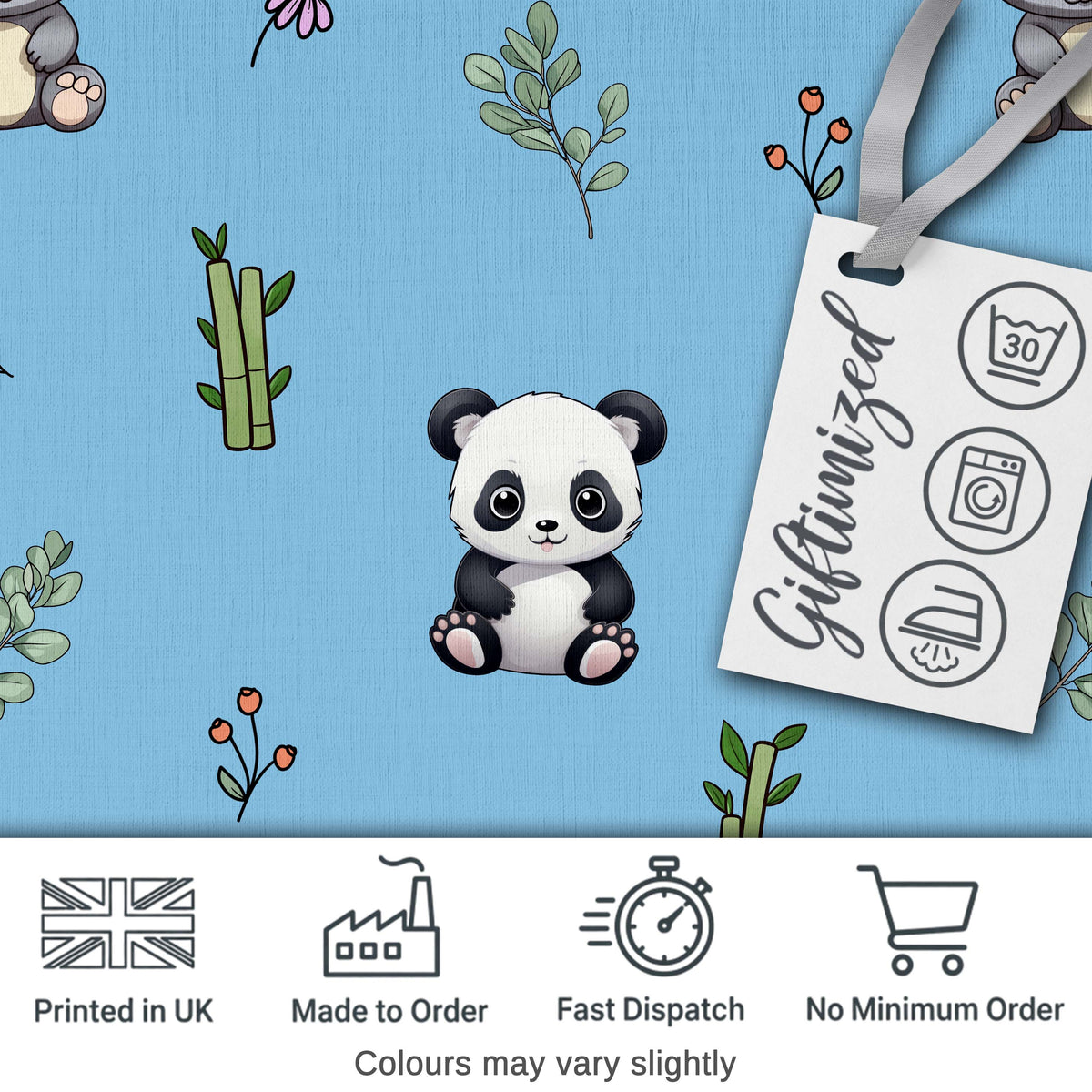 Cute Panda Bamboo and Floral Minimal Seamless Pattern on Sky Blue Background Digital Print Fabric by the Metre UK Sewing Quilting Textile