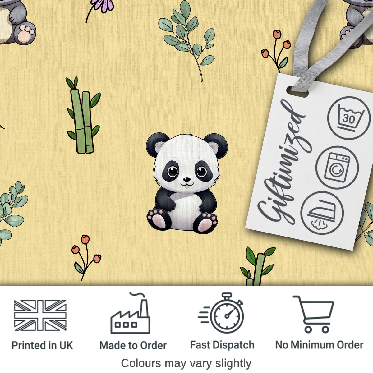 Cute Panda Bamboo and Floral Minimal Seamless Pattern on Warm Yellow Background Digital Print Fabric by the Metre UK Sewing Quilting Textile