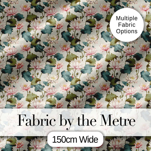 Classic Lotus Flower Pattern with Soft Pink Blooms and Green Leaves Digital Print Fabric by the Metre UK Sewing Quilting Textile