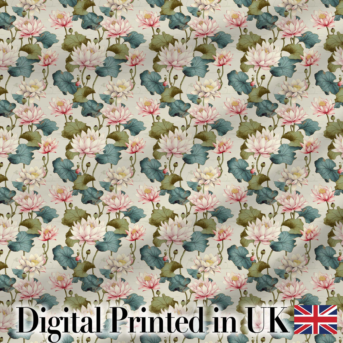 Classic Lotus Flower Pattern with Soft Pink Blooms and Green Leaves Digital Print Fabric by the Metre UK Sewing Quilting Textile