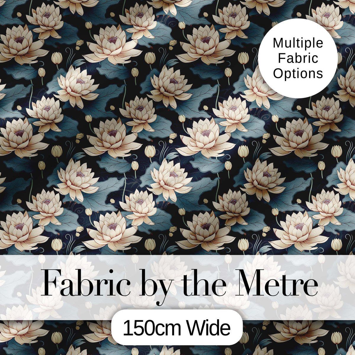 Cream Lotus Flowers on Deep Navy Background with Decorative Leaves Digital Print Fabric by the Metre UK Sewing Quilting Textile