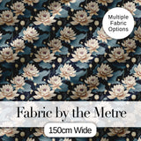 Cream Lotus Flowers on Deep Navy Background with Decorative Leaves Digital Print Fabric by the Metre UK Sewing Quilting Textile