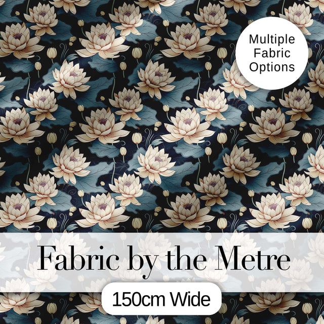 Cream Lotus Flowers on Deep Navy Background with Decorative Leaves Digital Print Fabric by the Metre UK Sewing Quilting Textile