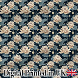Cream Lotus Flowers on Deep Navy Background with Decorative Leaves Digital Print Fabric by the Metre UK Sewing Quilting Textile