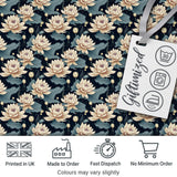 Cream Lotus Flowers on Deep Navy Background with Decorative Leaves Digital Print Fabric by the Metre UK Sewing Quilting Textile