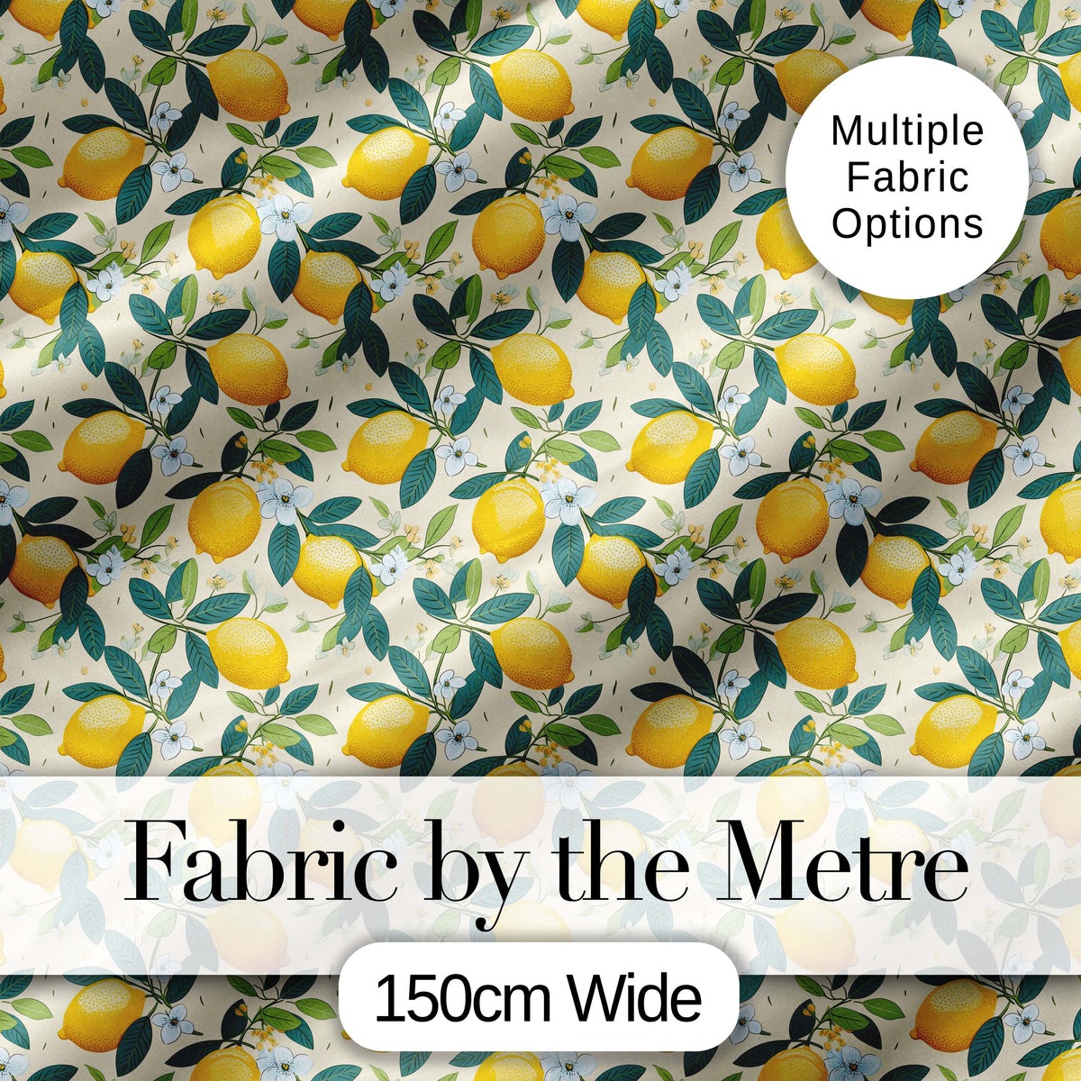 Classic Lemon Branches with White Blossoms Neutral Background   Digital Print Fabric by the Metre UK Sewing Quilting Textile