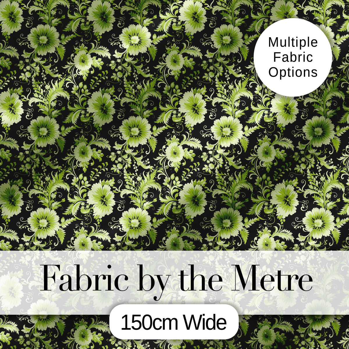 Black Background Green Floral Botanical Seamless Pattern Digital Print Fabric by the Metre UK Sewing Quilting Textile