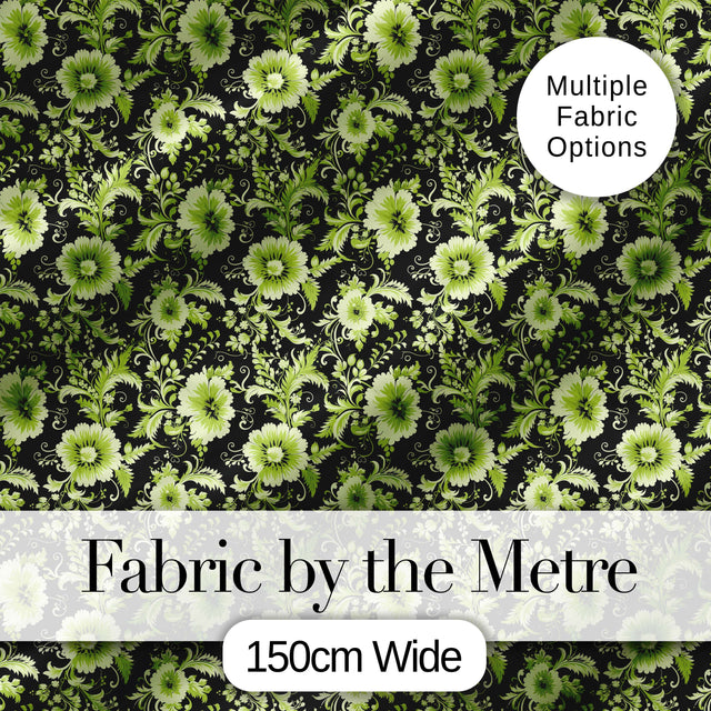 Black Background Green Floral Botanical Seamless Pattern Digital Print Fabric by the Metre UK Sewing Quilting Textile