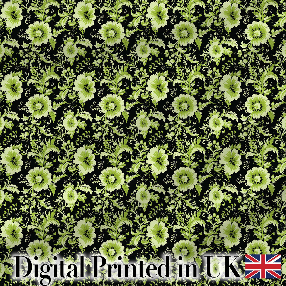 Black Background Green Floral Botanical Seamless Pattern Digital Print Fabric by the Metre UK Sewing Quilting Textile