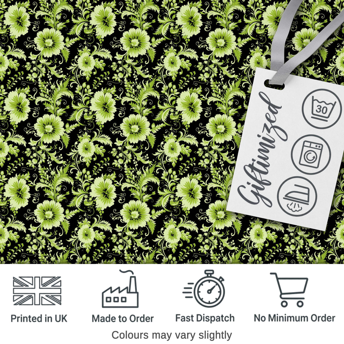 Black Background Green Floral Botanical Seamless Pattern Digital Print Fabric by the Metre UK Sewing Quilting Textile