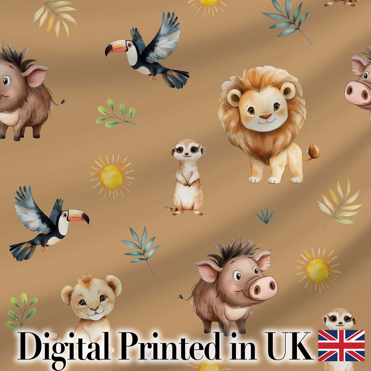 Cute Safari Animals Lion Meerkat Toucan Neutral Seamless Pattern Digital Print Fabric by the Metre UK Sewing Quilting Textile