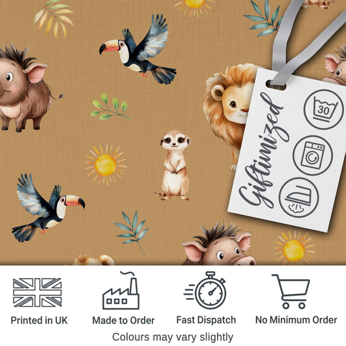 Cute Safari Animals Lion Meerkat Toucan Neutral Seamless Pattern Digital Print Fabric by the Metre UK Sewing Quilting Textile
