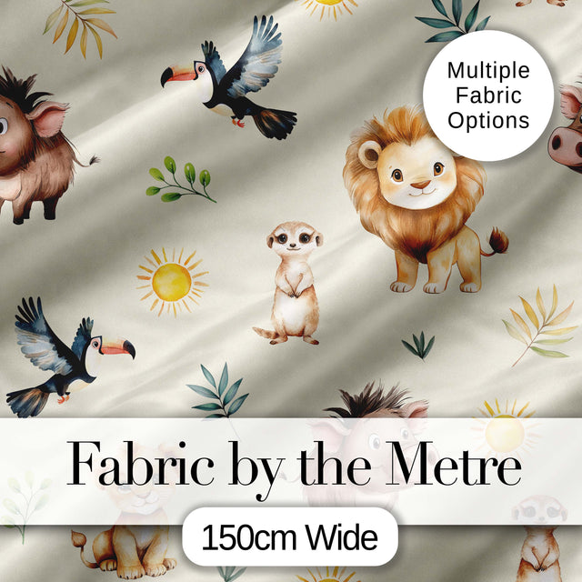 Cute Safari Animals Lion Meerkat Toucan and Warthog with Sun and Leaves on Beige Digital Print Fabric by the Metre UK Sewing Quilting Textile
