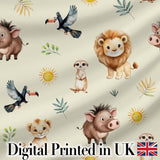 Cute Safari Animals Lion Meerkat Toucan and Warthog with Sun and Leaves on Beige Digital Print Fabric by the Metre UK Sewing Quilting Textile