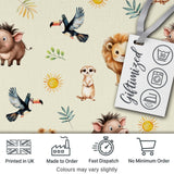 Cute Safari Animals Lion Meerkat Toucan and Warthog with Sun and Leaves on Beige Digital Print Fabric by the Metre UK Sewing Quilting Textile