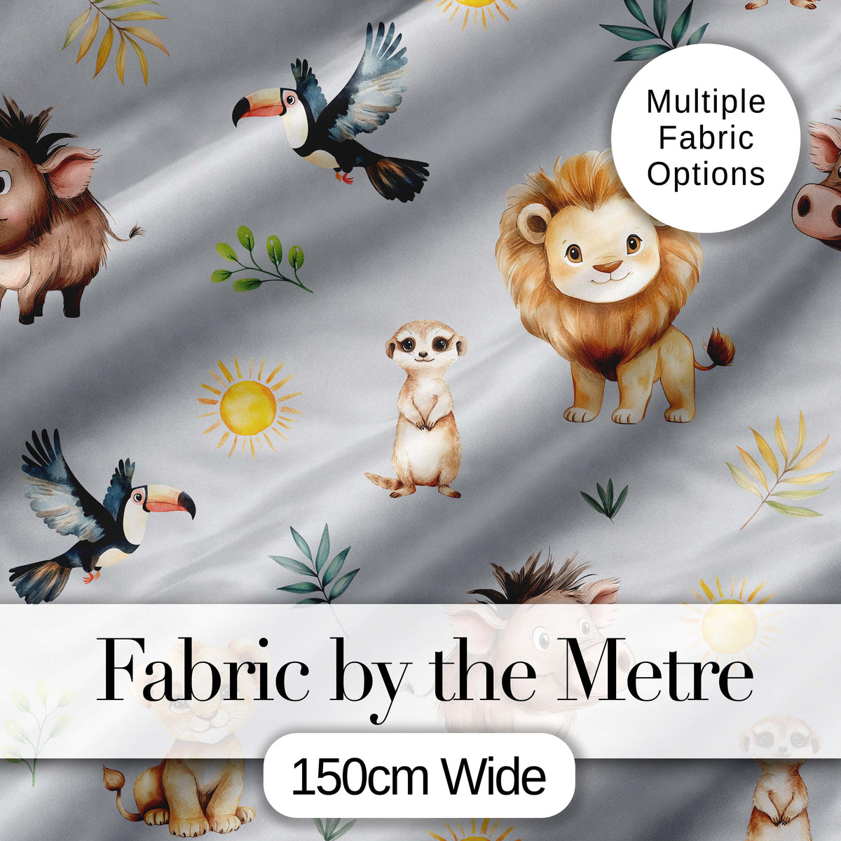 Cute Safari Animals Lion Meerkat Toucan and Warthog with Sun and Leaves on Grey Digital Print Fabric by the Metre UK Sewing Quilting Textile