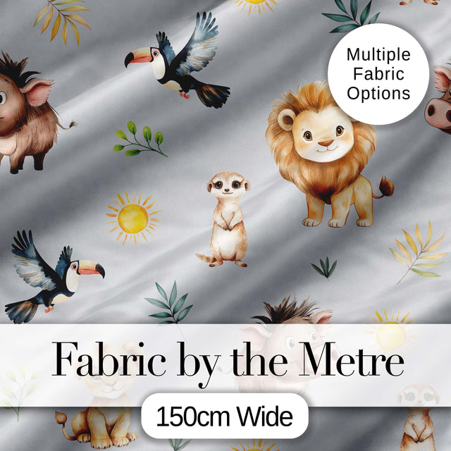 Cute Safari Animals Lion Meerkat Toucan and Warthog with Sun and Leaves on Grey Digital Print Fabric by the Metre UK Sewing Quilting Textile