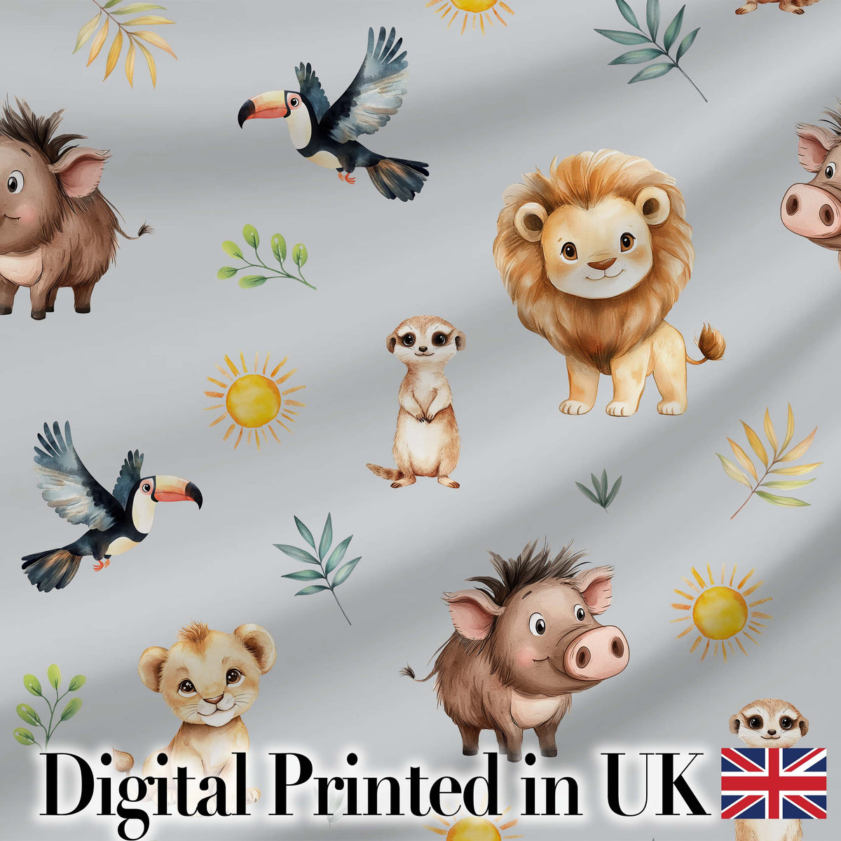 Cute Safari Animals Lion Meerkat Toucan and Warthog with Sun and Leaves on Grey Digital Print Fabric by the Metre UK Sewing Quilting Textile