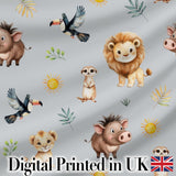 Cute Safari Animals Lion Meerkat Toucan and Warthog with Sun and Leaves on Grey Digital Print Fabric by the Metre UK Sewing Quilting Textile