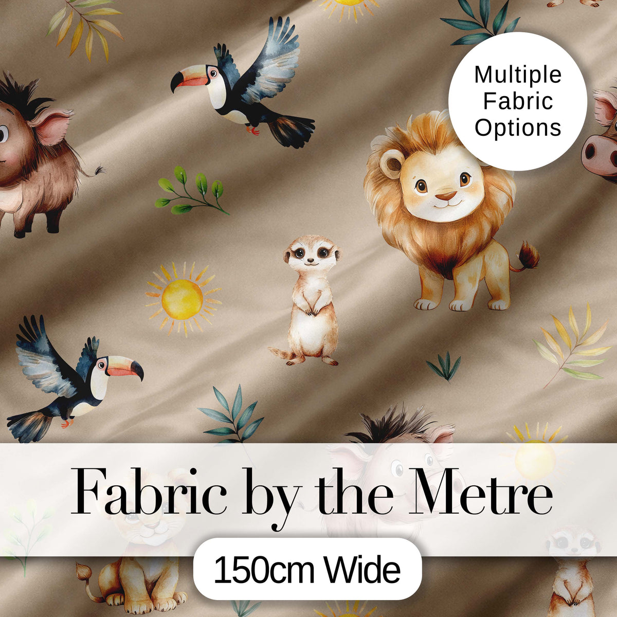 Cute Safari Animals Lion and Warthog with Sun and Leaves on Tan Pink Digital Print Fabric by the Metre UK Sewing Quilting Textile