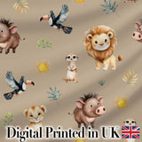 Cute Safari Animals Lion and Warthog with Sun and Leaves on Tan Pink Digital Print Fabric by the Metre UK Sewing Quilting Textile