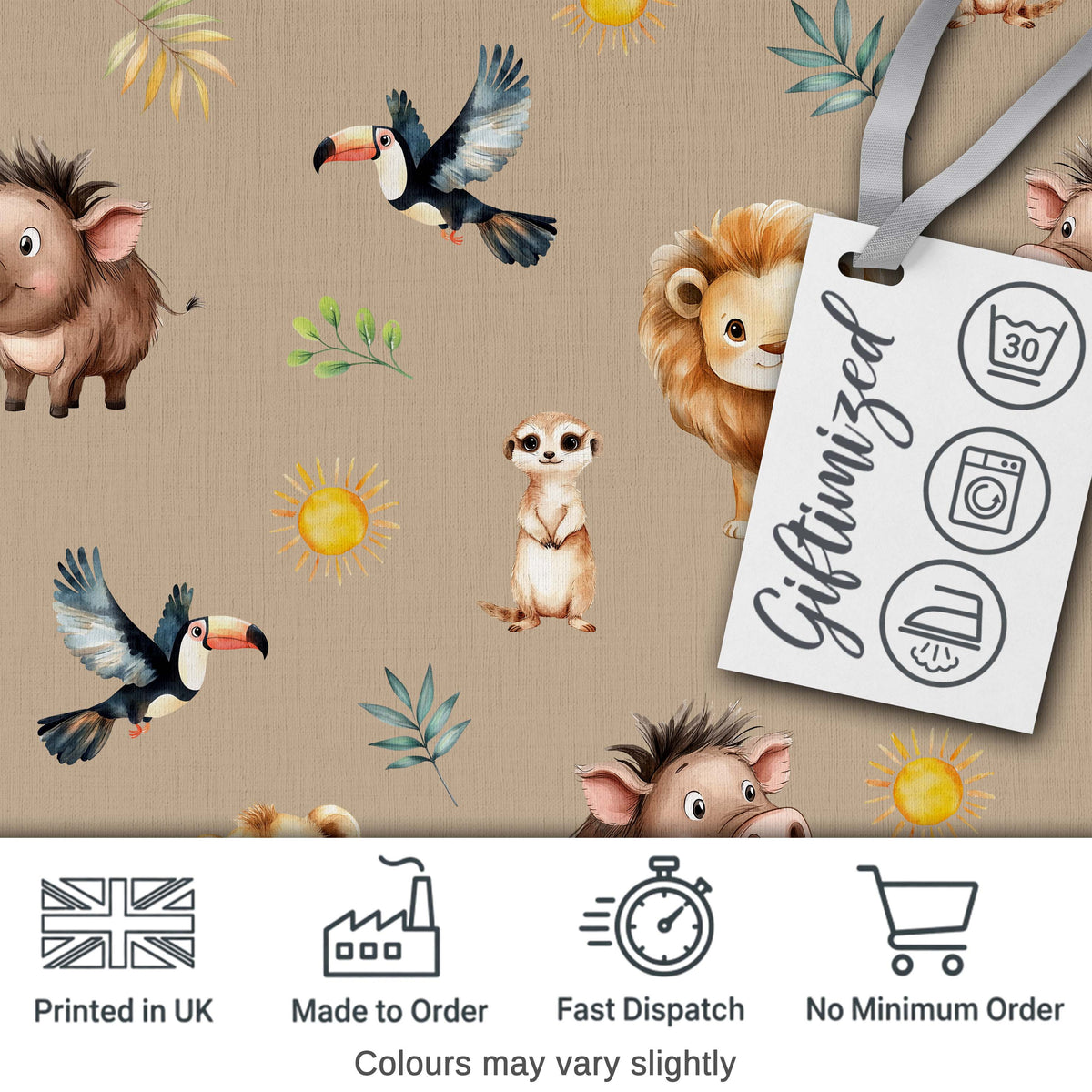 Cute Safari Animals Lion and Warthog with Sun and Leaves on Tan Pink Digital Print Fabric by the Metre UK Sewing Quilting Textile