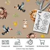Cute Safari Animals Lion and Warthog with Sun and Leaves on Tan Pink Digital Print Fabric by the Metre UK Sewing Quilting Textile