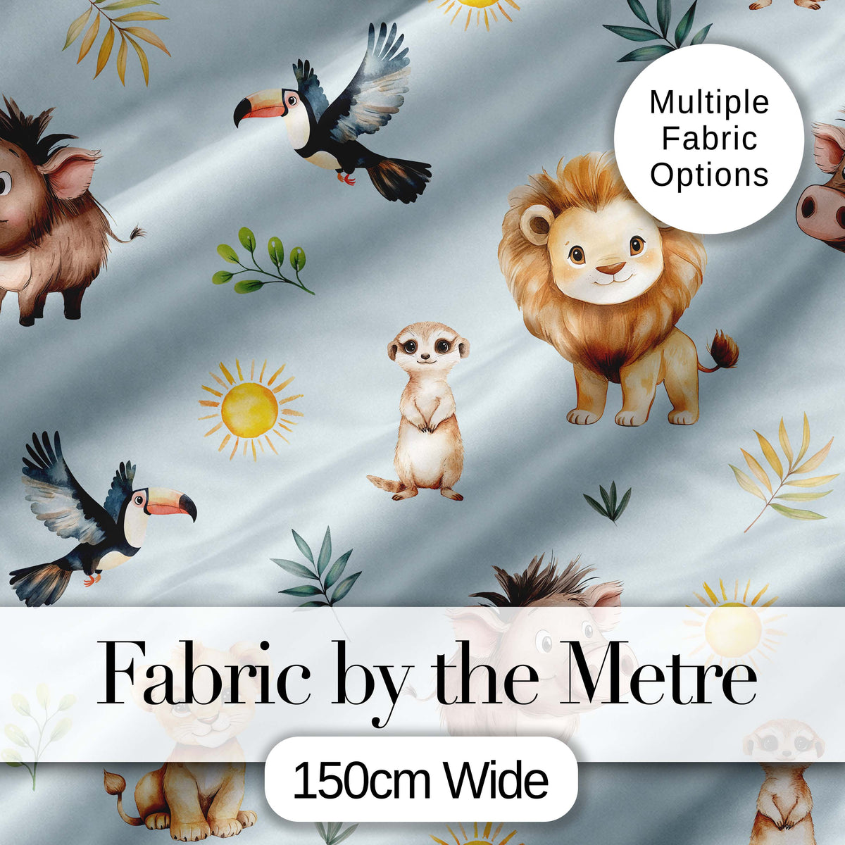 Cute Safari Animals Lion Meerkat Warthog with Sun and Leaves on Sage Green Digital Print Fabric by the Metre UK Sewing Quilting Textile